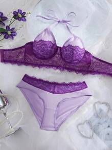 SHEIN 2pcs/Set Bra dan Celana Dalam Model Halter dengan Hiasan Kawat dan Motif Renda - MultiWarna - View 7