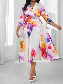 SHEIN Lady 春夏优雅通勤办公室波西米亚风彩色编织重叠领喇叭中长七分袖加大码连衣裙优雅服装办公室连衣裙 - 彩色 - 查看 4