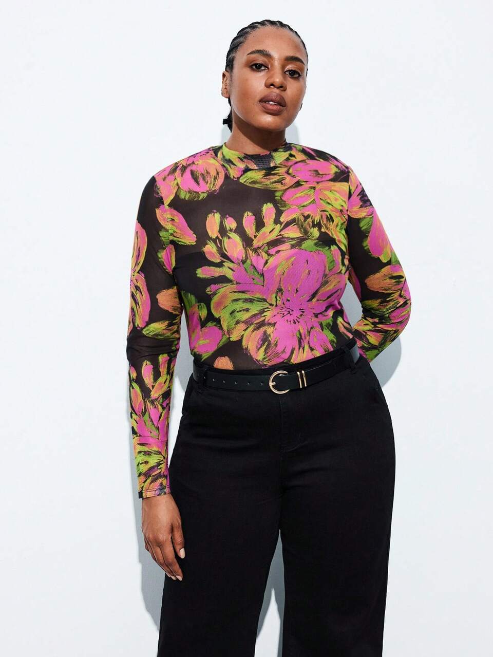 SHEIN Maija Plus Size Women's Sheer Rose Floral Print Long Sleeve Fitted Top, Urban Chic Business Casual Office Wear, Autumn Women's Clothing