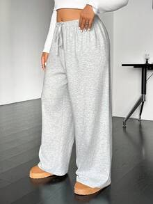SHEIN EZwear Plus Size Casual Drawstring Waist Loose Straight Leg Knit Pants - Light Grey - View 5