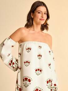 CAJUNI 女士休闲度假米红色花朵单肩印花长袖灯笼袖露肩短裙约会夜服装女士秋季连衣裙女士演唱会服装女士波西米亚风服装 - 彩色 - 查看 6