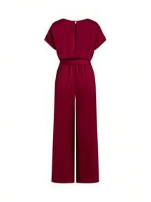 Ellevyn Elegancki damski bordowy satynowy kombinezon z okrągłym dekoltem i wiązaniem w talii, szerokimi nogawkami, uniwersalny na okazje, jesienne ubrania damskie, stroje wakacyjne