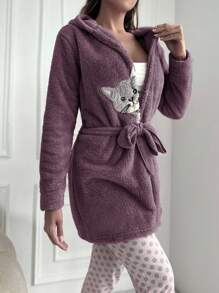 EURMUSE Cat Embroidery Hooded Belted Teddy Robe - Purple - View 5