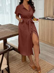 Weeklong Casual & Vacation Style Plus Size Women Solid Color Short Sleeve Single-Breasted Pocket Shirt Dress - Burgundy - View 5