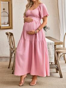 SHEIN Women's Casual Ruffle Sleeve Bow Back Design Maternity A-Line Dress - Pink - View 5