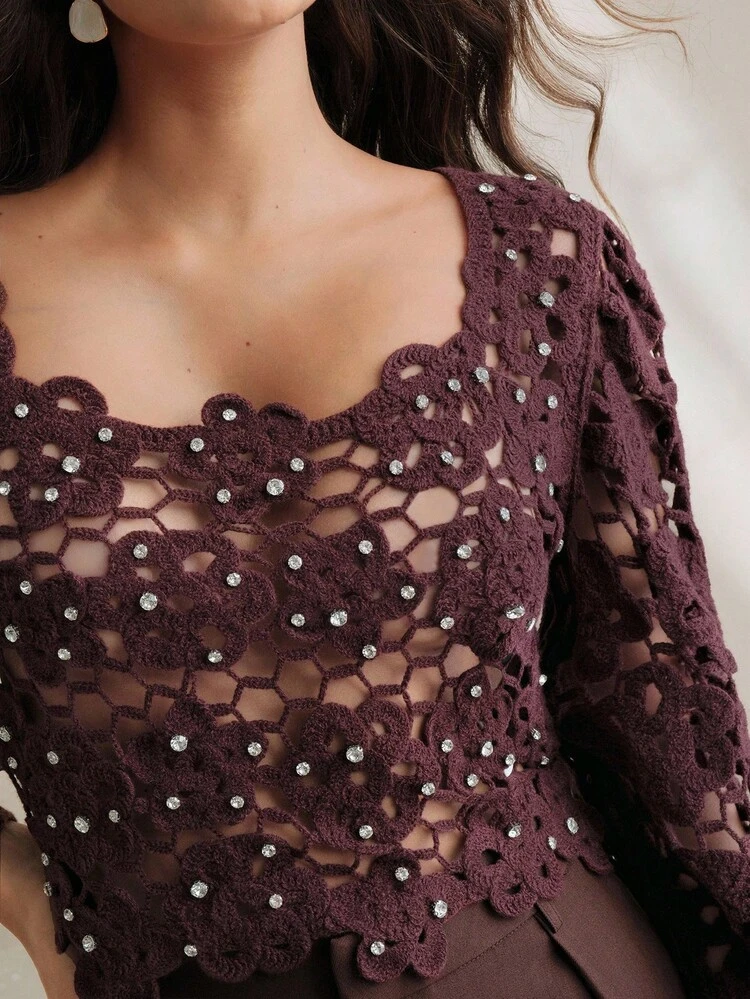 Crochet Square Neckline Asymmetrical Hem Hollow Knit Cover Up Knit Pullover Sweater Fall Winter