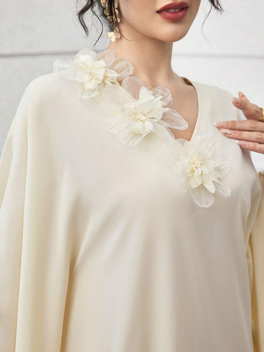 Al Najma 女式宽松花卉装饰蝙蝠袖阿拉伯风格连衣裙 - 杏色 - 查看 1