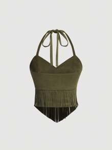 SHEIN MOD Plus Size Vintage Army Green Suede Tassel Halter Neck Top - Army Green - View 2
