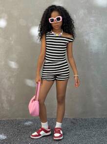 Coolane Kids Tween Girls Soleia 2 件套节日条纹针织不对称肩部修身上衣和超低腰紧身短裤，适合派对、圣诞节、情人节、约会、海滩、游轮、狂欢节、复活节 - 黑與白 - 查看 5