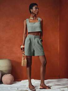 Zivah 2025春夏新款度假休闲优雅母亲节婚礼季音乐节派对夜店无袖方领上衣与纹理纯色短裤两件套-棕色 - 綠色 - 查看 6