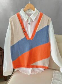 Franclia Damen Große Größen französischer Stil V-Ausschnitt Kontrast Farbe asymmetrische luftige, modische, vielseitige Pendler Strickweste, Frühling und Herbst