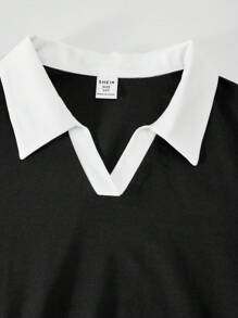 SHEIN ChillGRL 女童马球领短袖开叉 A 字连衣裙，时尚舒适，春夏季 - 黑色 - 查看 7