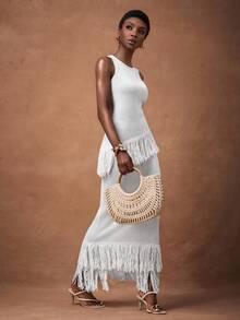 Zivah Bộ áo len hai mảnh thanh lịch, không tay, viền bất đối xứng, màu trắng, đơn giản, thanh lịch dành cho người đi làm mùa hè và thu 2025, thích hợp mặc đi làm hàng ngày, thanh lịch, dự tiệc, ăn tối, lễ hội, đi chơi, du lịch, nghỉ mát, tốt nghiệp-B - trắng - Xem 4