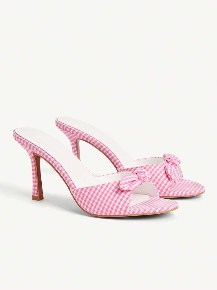 CUCCOO CHICEST Pink & White Plaid Bow Decor Stylish Cute Girly Summer Slip-On Mule High Heel Sandals For Casual Wear & Date