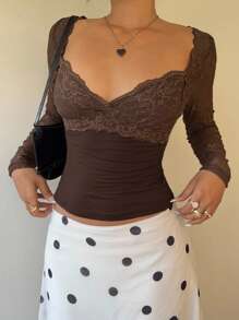 Muchica 棕色蕾丝拼布针织修身女式 T 恤 - 咖啡棕 - 查看 2