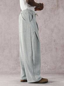 Manfinity Hypemode Quần nỉ nam màu trơn có dây rút ở eo, túi rộng rãi, thường ngày - Xám - Xem 6