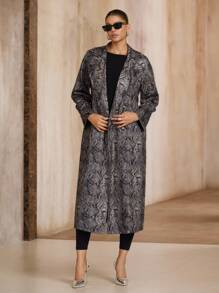 Avenne Women's Vintage Snake Skin Print Lapel Collar Double-Breasted Long Windbreaker Jacket, Fashion Casual Commuting Coat Fall Winter Cloth For Women