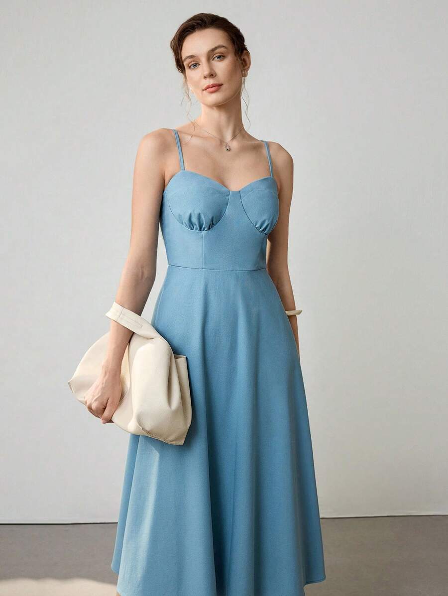 Uhlyne 女士优雅性感细肩带亚麻 A 字中长连衣裙