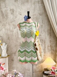 Firerie Color-Block Hollow Out Mini Bodycon Knitted Dress - Multicolor - View 1