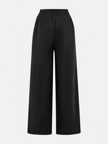 SHEIN 2 Pairs Tween Girls Bottoms Black And Leopard Print Wide Leg Pants, With Branded Label Decor - Black - View 8