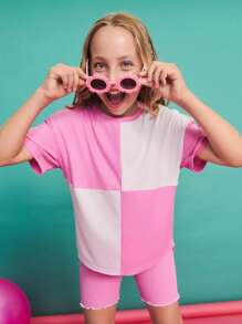 SHEIN Tween Girls' Casual Simple Comfortable Colorblock Round Neck Short Sleeve T-Shirt And Shorts Set ,Back To School Season, Christmas - Hot Pink - View 5