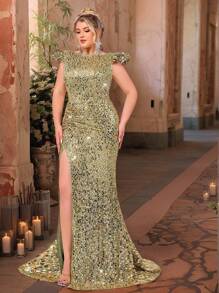 Glamrae Vestido de noche elegante y romántico de talla grande con cuello de barco, mangas cortas, lujosos bordados de lentejuelas, abertura alta y dobladillo de cola de sirena con cola para boda, fiesta, graduación y ocasiones formales.