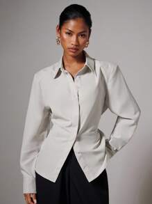 COSMINA 秋季女装 1 件女士优雅垫肩修身腰长袖衬衫，秋冬，商务休闲女装，女士办公室服装，女士教师服装 - 杏色 - 查看 3