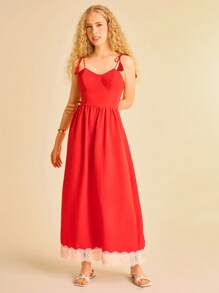 CAJUNI Abito lungo casual da donna in stile boho con stampa tropicale rossa, decorato con nappine, a spalline, con inserti in pizzo sul petto e l'orlo, adatto per le vacanze