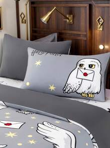 HARRY POTTER X SHEIN Bộ đồ giường 3 món, họa tiết in toàn bộ hình Hedwig, vỏ chăn màu hồng, mềm mại & ấm áp, ấm áp & có thể giặt bằng máy, phù hợp với giường đôi/giường đôi/giường Queen/giường King, ký túc xá/nhà riêng - Xám - Xem 6
