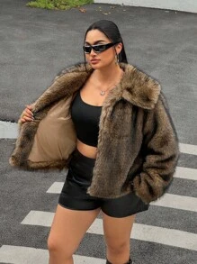 Muchica Plus Size Casual Turndown Collar Open Front Faux Fur Coat Winter Fall Autumn - Brown - View 9
