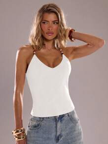 SHEIN BAE 棕色串珠细肩带女士吊带背心，适合春夏穿着，修身复古性感露脐上衣，适合海滩、夏季穿着，串珠装饰。 - 白色 - 查看 5