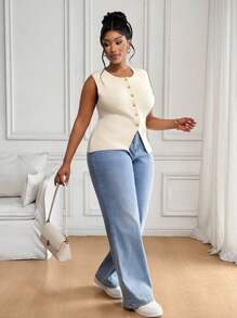 SHEIN PETITE CURVE 大码女式休闲纯色前扣无袖针织上衣，夏季 - 杏色 - 查看 3