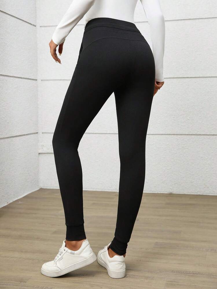 女性用カジュアル プレーン ドローストリング ウエスト ハイエラスティック スリミングレギンス、多用途&ミニマリスト ストレッチ ブラックレギンス 秋