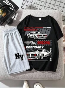 SHEIN 2 件装 Tween Boys 休闲赛车纽约城市图案圆领短袖 T 恤和短裤套装，适合夏季 - 彩色 - 查看 3