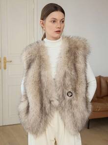 DAZY 女士 V 领宽松休闲无袖蓬松背心冬季夹克背心仿皮草大衣 - 駝色 - 查看 7