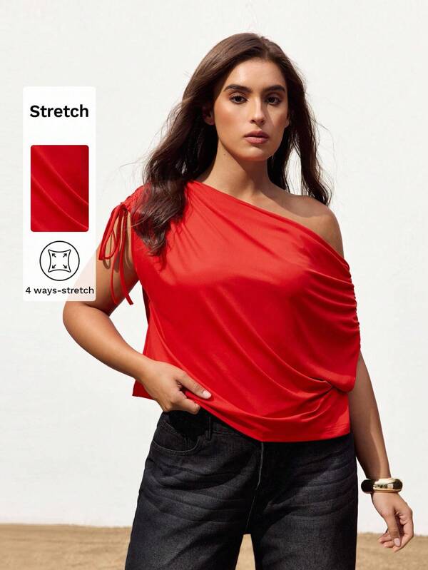 Maija Plus Size Women's Asymmetrical Drawstring Red Top, Casual Stylish Loose Fitting Spring/Summer Blouse Summer Women Vacation Vestidos Elegantes De Mujer Beach Blusas Elegantes Para Mujer Business Casual Woman Going Out Tops Boho Office Outfits Festival Outfits For Rave Hawaii Coachella