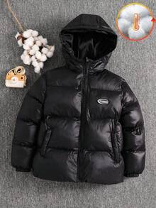 SHEIN Abrigo parka de invierno con capucha y cremallera de manga larga tejida, informal, para niños preadolescentes, adecuado para el trayecto, la escuela, uso casual, viajes, deportes, otoño/invierno