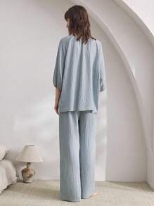 Ocili 天然亚麻条纹女士睡衣套装，舒适 - 藍色 - 查看 2