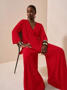 Zivah 2025 Summer New Arrival, Music Festival, Graduation Season, College Style, Student Wear, Daily Casual, Vacation, Beach, Sunbathing, Streetwear, Dark Brown Textured Fabric, Linen Kimono Style Belted Shirt And Wide Leg Pants 2 Pieces Set - Red - View 7