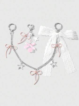 Kawaii Set de 2 piezas: Cadena de bolso con lazo de encaje en forma de estrella hueca plateada, cadena de bolso con lazo de acrílico, moño y perlas falsas con forma de estrella y corazón, accesorio para bolso adecuado para mujeres y niñas, excelente para uso diario o regalo de vacaciones