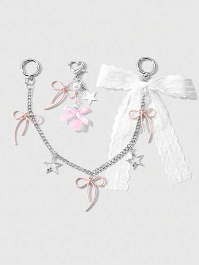 Kawaii 2 قطعة/مجموعة: سلسلة معدنية ذات سقوط رائع بشكل نجمة و فيونكة ، ربطة عقدة الفراشة أكريليكية مزينة بنجوم و خرز كتعليق على الحقيبة مناسب للنساء والفتيات كهدية يومية أو عيد