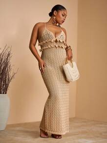 Veslaya 2025 Frühling Sommer Neuheiten, einfarbiges aprikotfarbenes ärmelloses figurbetontes Kleid mit tiefem Ausschnitt, Rüschen und Einsätzen, geeignet für Urlaub, romantische Dates, elegante Partys, Hochzeiten, Abschluss, Große Größen gehäkeltes Maxikleid, gestricktes Maxikleid, Urlaubsabendkleid, Muschelkleid