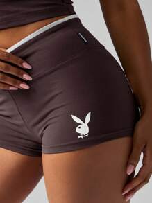 Missguided x Playboy 高腰弹力短裤复古兔子标志运动休闲短裤 - 咖啡棕 - 查看 4