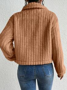 EMERY ROSE 女式休闲街头时尚纯色宽松落肩翻盖细节羊毛夹克，秋冬 - 卡其色 - 查看 2