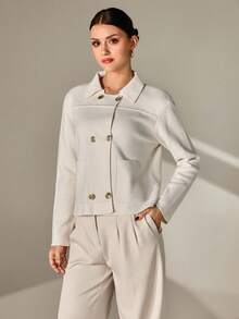 CLARA VERO Women Knit Cardigan Jacket With Gold Button And Polo Neck Elegant,Cardigans,Long Cardigans Woman,Petite,Tall - Beige - View 3