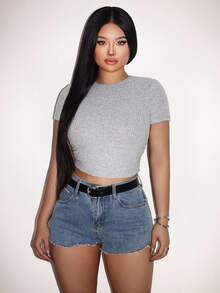 Zolique Women's Plain Round Neck Short Sleeve Cropped Ribbed Slim Fit Casual T-Shirt - Grey - View 5