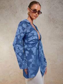 COSMINA Fall Women Clothes Floral Print Turndown Collar Long Sleeve Knotted Front Deep V Blouse,Shirts Gor Women - Blue - View 6