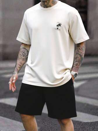 RueChic Herren Baumwolle Palmen-bedrucktes T-Shirt mit Kordelzug, Tasche und Kurzarm