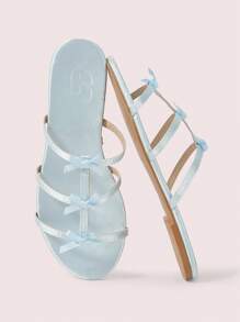 CUCCOO DOLLMOD Women's Blue Satin Satin Bow French Romantic Summer Date/Holiday Cute Fairy Style Round Toe Thin Strap Flat Sandals - Blue - View 2