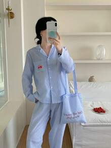 青少年女孩简约时尚休闲浅蓝色开衫和条纹刺绣长袖上衣配裤子睡衣套装蓝色条纹睡衣套装可爱睡衣套装纽扣睡衣套装浅蓝色睡衣女士睡衣套装 - 淺藍色 - 查看 4